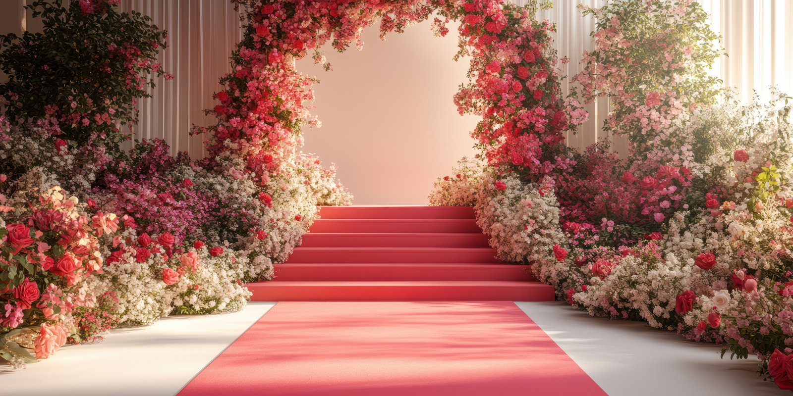 Beautiful floral archway with pink carpet and blooming flowers at a spring event setup